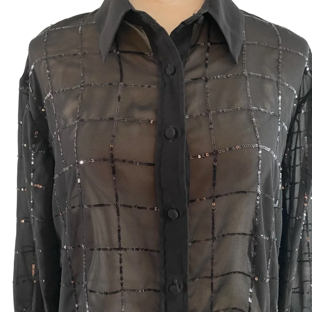 Rdalamal x Anthropologie Black Sheer Sequin Shirt Dress XXS Oversized Festival - Picture 7 of 10
